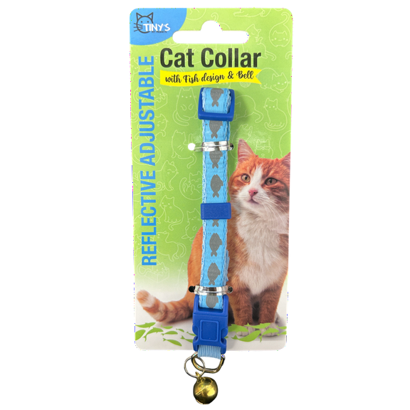 Reflective Adjustable Cat Collar, Fish Design, Bell, Stylish, Reflective Fish Pattern for Safety, Adjustable Fit, Durable Plastic Buckle, Quick Release, Tracking Bell for Cats, Blue