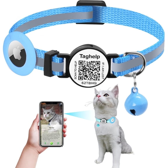 Reflective AirTag Cat Collar, Integrated Collar with Air Tag Holder and Bell, Breakaway QR Code Name Tag,Safety Elastic Band Collars for Girl Boy Cats, Kittens Puppies (Blue)