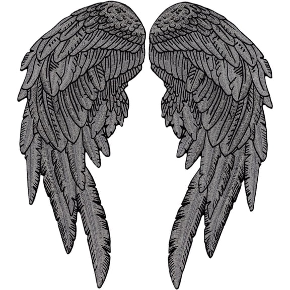 Reflective Angel Wing Patches 14" | "Saints & Sinners" Black Realistic Wings & Feathers Light Activated Guardian Angels Back Patch | Embroidered Iron On | Large 2pc. Set - by Nixon Thread Co.