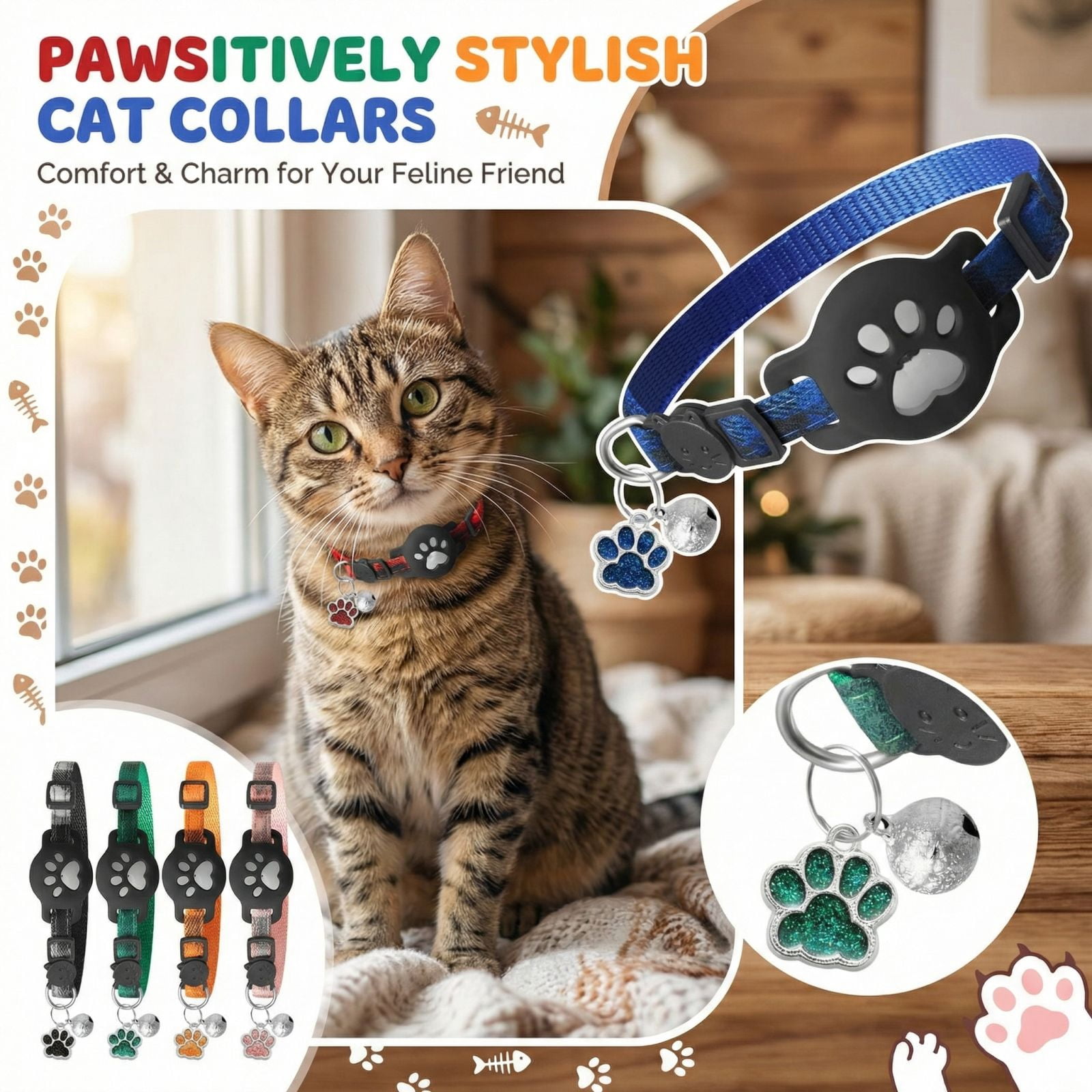 Reflective Animal Neck Collar with Safety Bells and Integrated Tracking ...