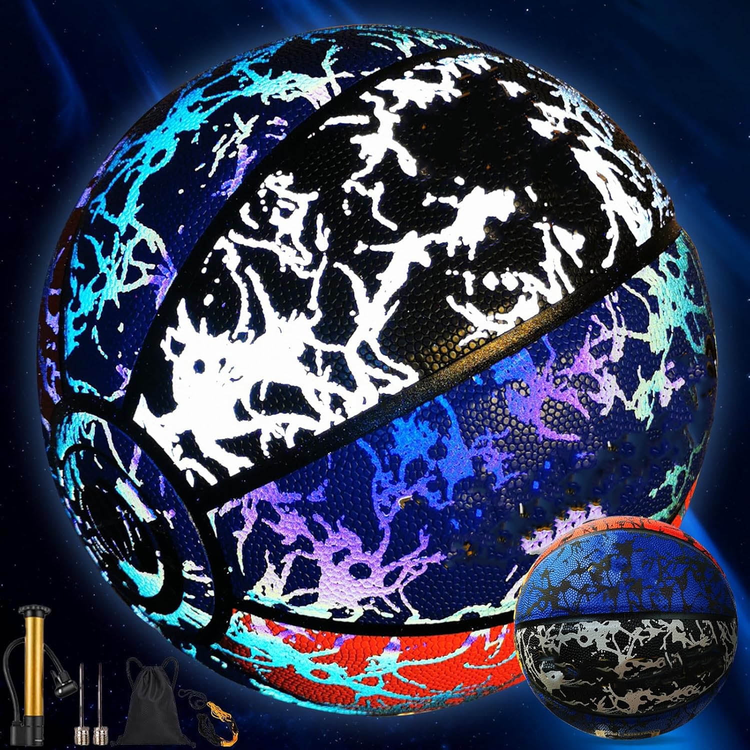 Reflective Basketball, Glow in Dark Design, Light Up Basketball with Pump, Blue Yellow White