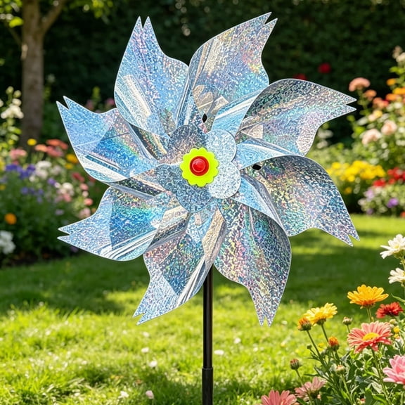 Reflective Bird-Scare Windmill, Rotating Holographic Garden Pinwheel, Pest-Deterrent Yard Decor, 19.6" Tall(Silver)