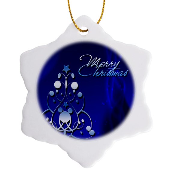 3drose, Reflective Blue Chrome Abstract Christmas Tree and Merry Christmas on a Dark Blue Background, 3 inch Snowflake Porcelain Ornament