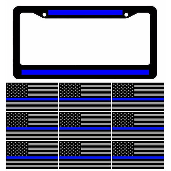 Reflective Blue License Plate Frame w/ Blue Color Flag Decal Stickers 5"