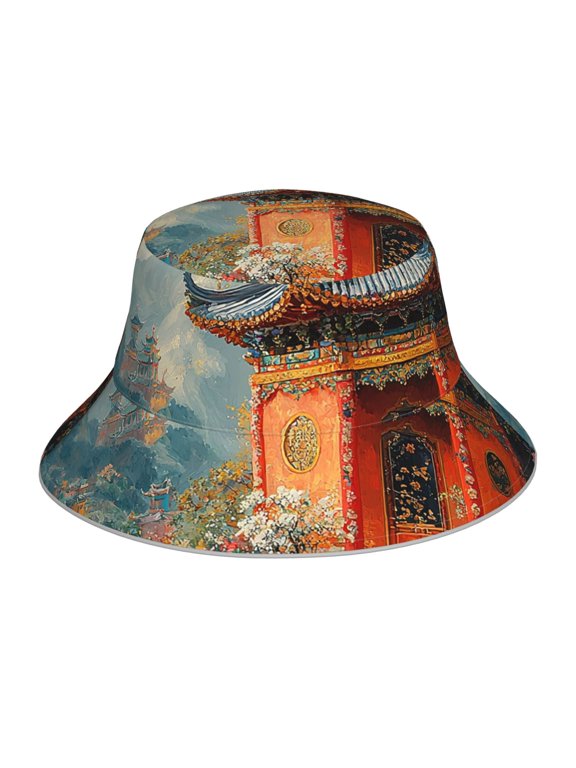Reflective Bucket Hat Breathable Sun Hats Outdoor Summer Cap , Chinoiserie Temple Chinese