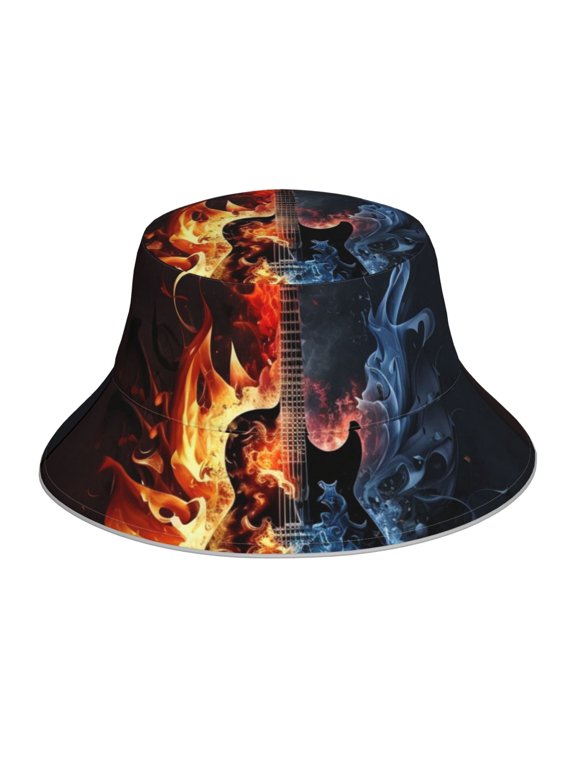 Reflective Bucket Hat Breathable Sun Hats Outdoor Summer Cap , Flaming Burning Guitar Red Blue Fire