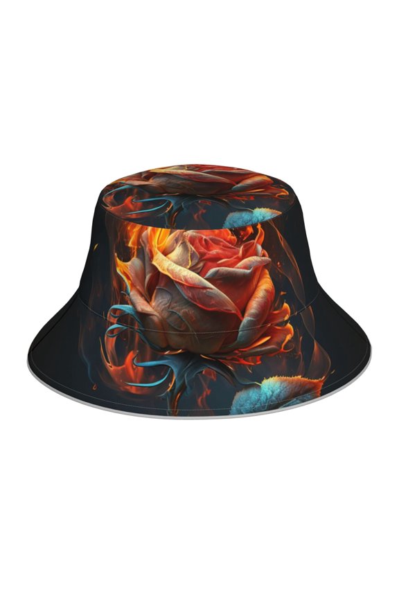 Reflective Bucket Hat Breathable Sun Hats Outdoor Travel Cap , Rose On Fire Burning Flaming