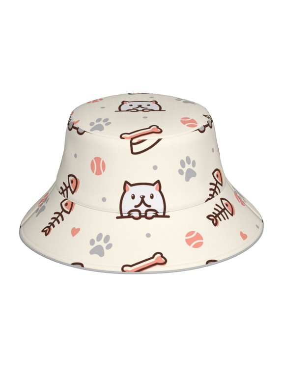 Reflective Bucket Hat Packable Sun Hats Outdoor Beach Cap , Pug Dog Cat Fish Bones Prints Ball