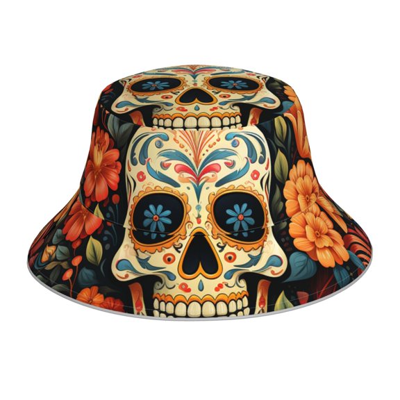 Reflective Bucket Hat Packable Sun Hats Outdoor Beach Cap , Skull Day Of The Dead Gothic Skull Flowers