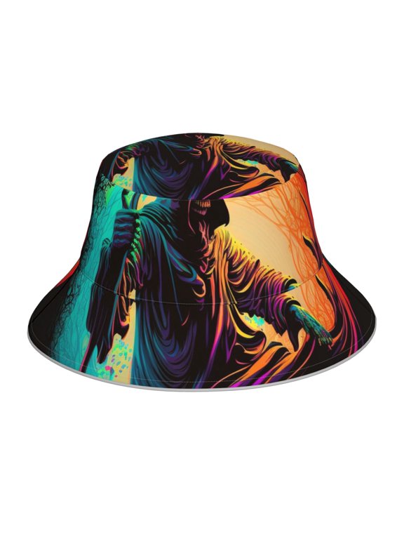 Reflective Bucket Hat Packable Sun Hats Outdoor Summer Cap , Dark Grim Reaper Psychedelic Death B2b8ef93