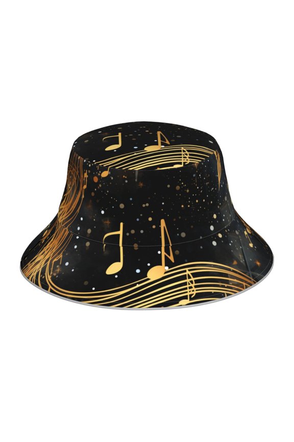 Reflective Bucket Hat Packable Sun Hats Outdoor Summer Cap , Musical Notes With Piano Starry Golden