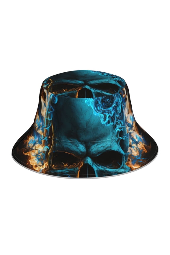 Reflective Bucket Hat Sun Hats Outdoor Travel Beach Packable Cap , Blue Flame Fire Skull Burning
