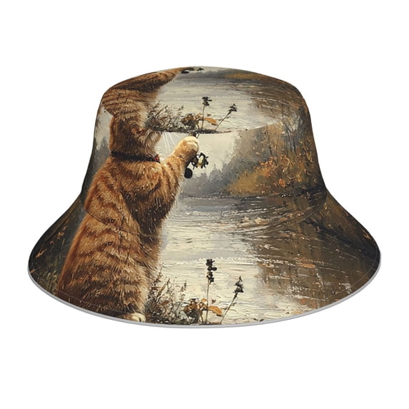 Reflective Bucket Hat Sun Hats Outdoor Travel Beach Packable Cap , Cat Fishing Vintage