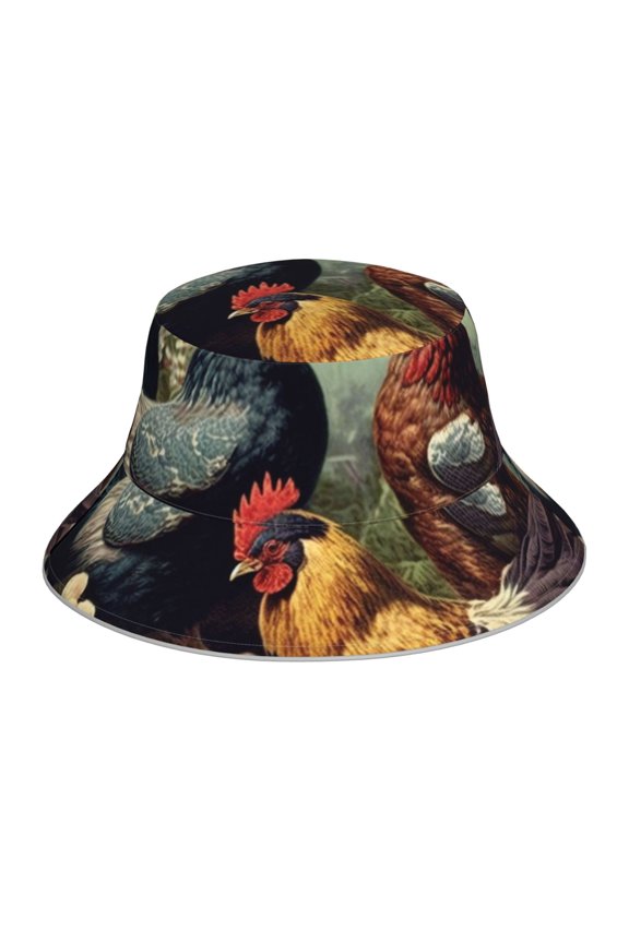 Reflective Bucket Hat Sun Hats Outdoor Travel Beach Packable Cap , Chicken Vintage Colorful Hens