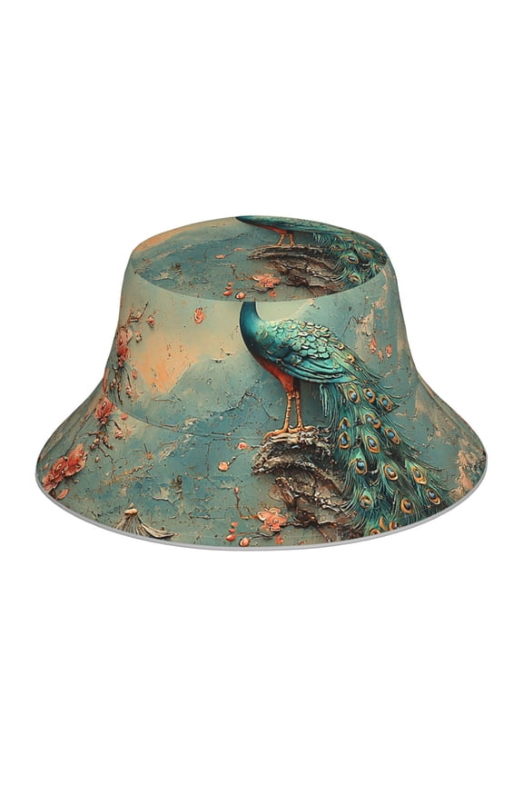 Reflective Bucket Hat Sun Hats Outdoor Travel Beach Packable Cap , Chinoiserie Oriental Chinese Peacock Retro