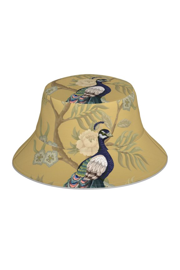 Reflective Bucket Hat Sun Hats Outdoor Travel Beach Packable Cap , Chinoiserie Style Herons Peacock