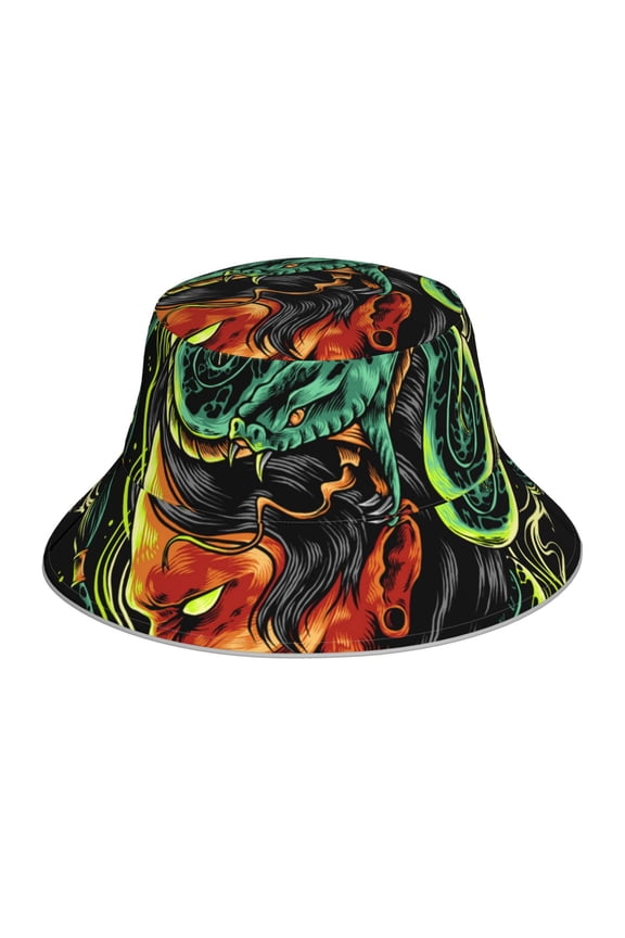 Reflective Bucket Hat Sun Hats Outdoor Travel Beach Packable Cap , Devil Snake Demon Japanese