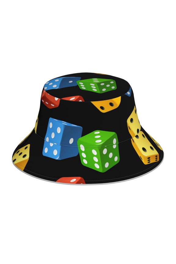 Reflective Bucket Hat Sun Hats Outdoor Travel Beach Packable Cap , Dice Pattern Colorful Cube