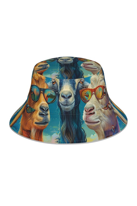 Reflective Bucket Hat Sun Hats Outdoor Travel Beach Packable Cap , Funny Goat Family Psychedelic Art