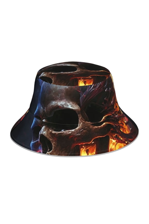 Reflective Bucket Hat Sun Hats Outdoor Travel Beach Packable Cap , Gothic Skull On Fire Death Cool