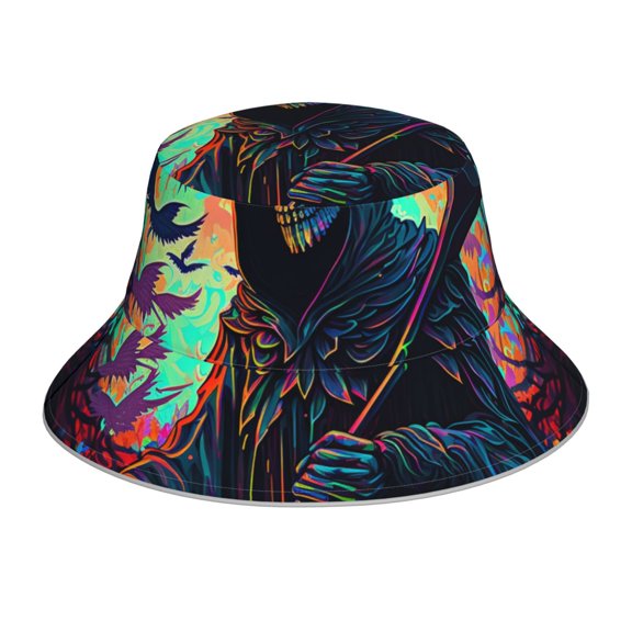 Reflective Bucket Hat Sun Hats Outdoor Travel Beach Packable Cap , Grim Reaper Dark Psychedelic Death