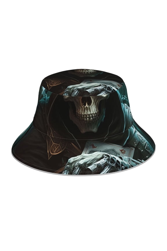 Reflective Bucket Hat Sun Hats Outdoor Travel Beach Packable Cap , Grim Reaper Playing Poker Death Skull