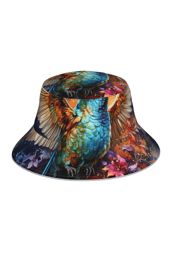 Reflective Bucket Hat Sun Hats Outdoor Travel Beach Packable Cap , Hummingbird Galaxy Art