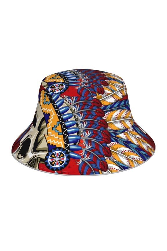 Reflective Bucket Hat Sun Hats Outdoor Travel Beach Packable Cap , Indian Skull Tribal Chief