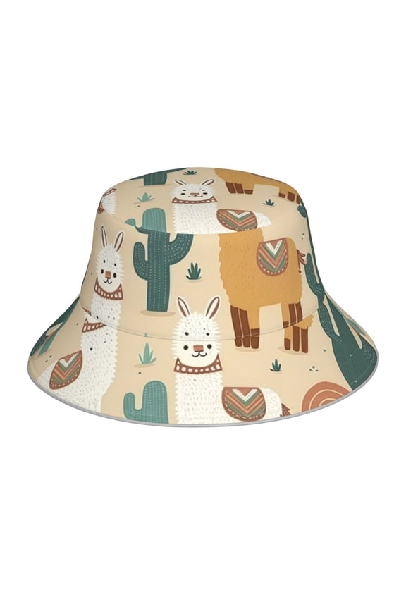 Reflective Bucket Hat Sun Hats Outdoor Travel Beach Packable Cap , Llama Alpaca Cactus Cartoon Cute