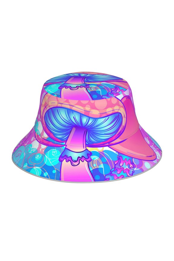 Reflective Bucket Hat Sun Hats Outdoor Travel Beach Packable Cap , Magic Mushroom Geometry Psychedelic