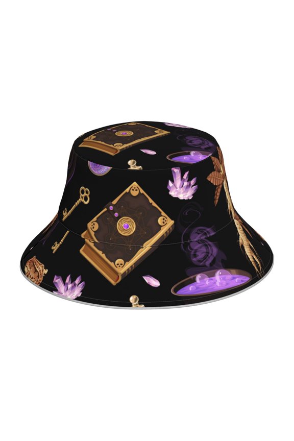 Reflective Bucket Hat Sun Hats Outdoor Travel Beach Packable Cap , Magic Skull Book Witchcraft