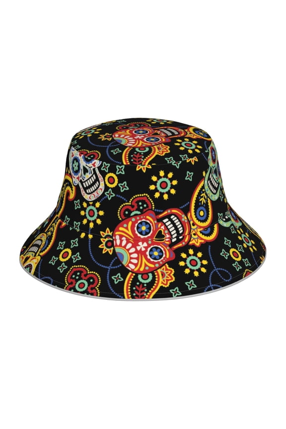 Reflective Bucket Hat Sun Hats Outdoor Travel Beach Packable Cap , Mexican Skull Paisley