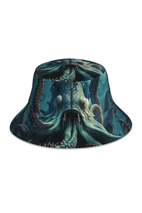 Reflective Bucket Hat Sun Hats Outdoor Travel Beach Packable Cap , Octopus Kraken Monster Ocean Art