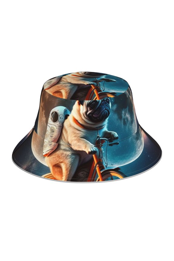 Reflective Bucket Hat Sun Hats Outdoor Travel Beach Packable Cap , Pug Riding To The Moon Funny