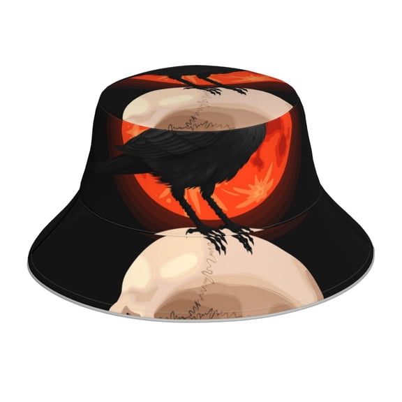 Reflective Bucket Hat Sun Hats Outdoor Travel Beach Packable Cap , Raven Skull Red Moon