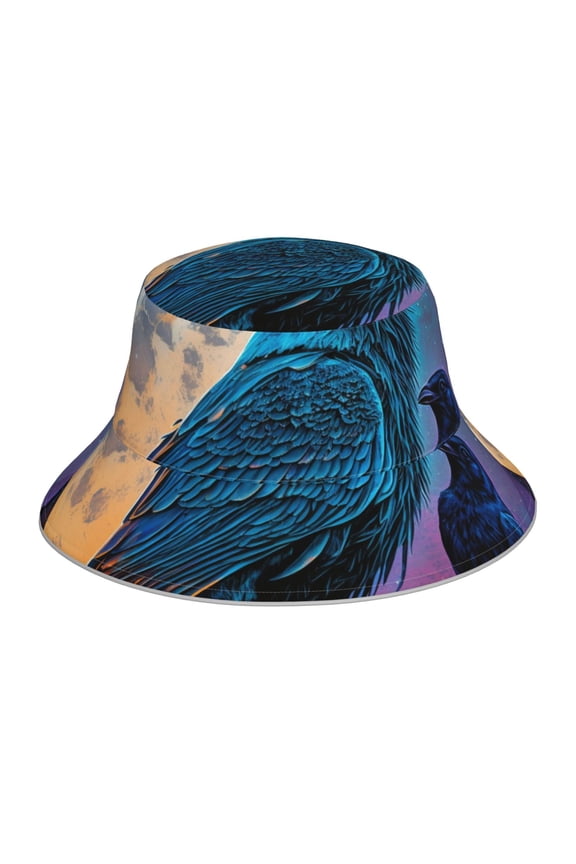 Reflective Bucket Hat Sun Hats Outdoor Travel Beach Packable Cap , Raven Wolf Moon Moonlight Art