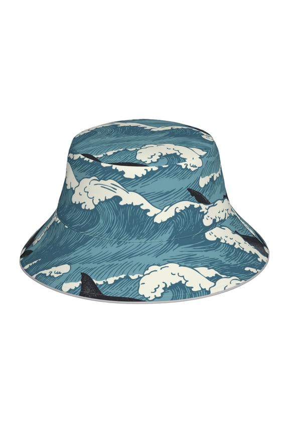 Reflective Bucket Hat Sun Hats Outdoor Travel Beach Packable Cap , Sea Waves Shark Vintage