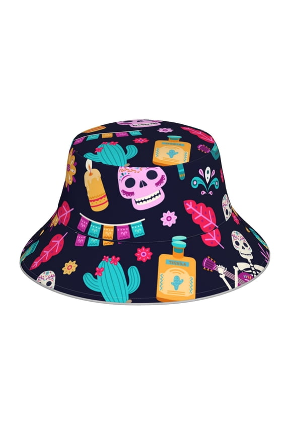 Reflective Bucket Hat Sun Hats Outdoor Travel Beach Packable Cap , Skull Day Dead Mexican Flower