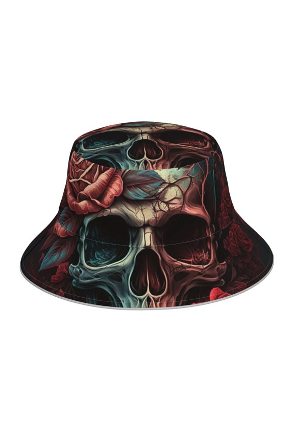 Reflective Bucket Hat Sun Hats Outdoor Travel Beach Packable Cap , Skull Death Roses Retro