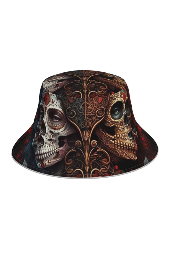 Reflective Bucket Hat Sun Hats Outdoor Travel Beach Packable Cap , Skulls Lovers Day Of The Dead Red Roses