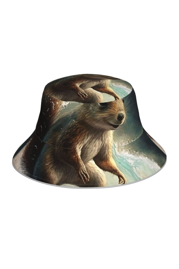 Reflective Bucket Hat Sun Hats Outdoor Travel Beach Packable Cap , Squirrel Surf Funny