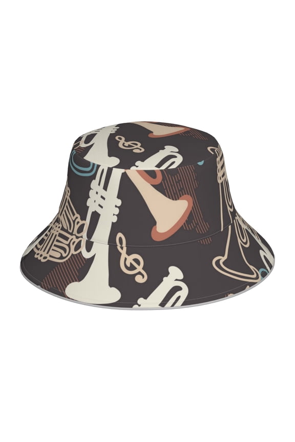Reflective Bucket Hat Sun Hats Outdoor Travel Beach Packable Cap , Trumpet Music Time Vintage