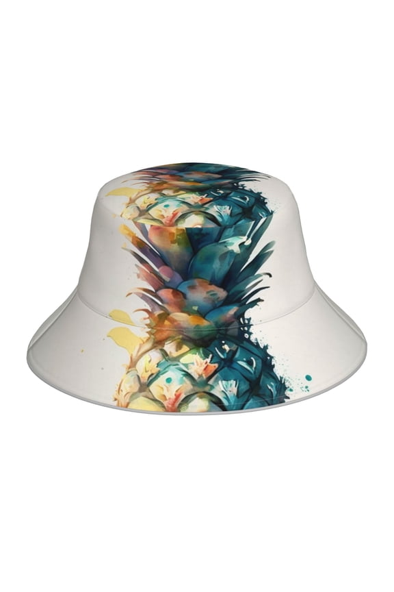 Reflective Bucket Hat Sun Hats Outdoor Travel Beach Packable Cap , Watercolor Pineapple Art