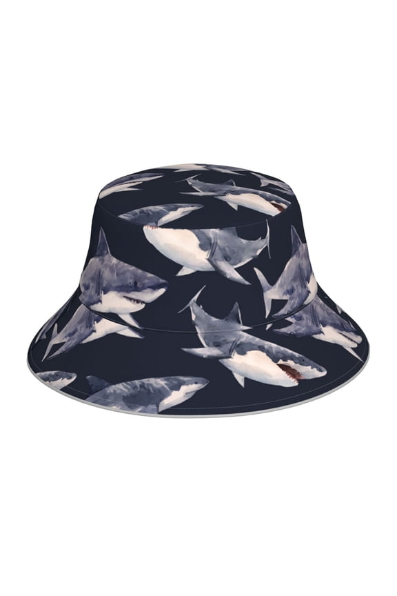 Reflective Bucket Hat Sun Hats Outdoor Travel Beach Packable Cap , Watercolor Shark Vintage
