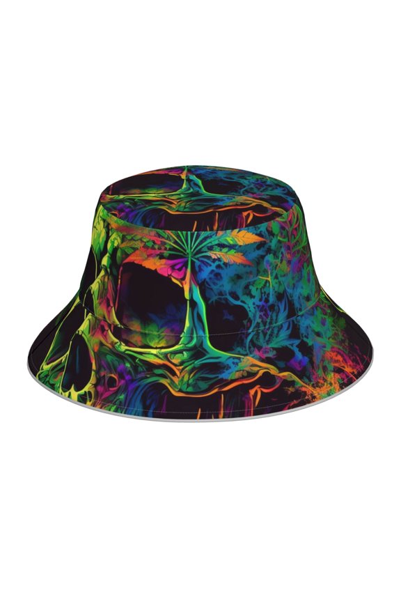 Reflective Bucket Hat Sun Hats Outdoor Travel Beach Packable Cap , Weed Skull Death Psychedelic Cannabis