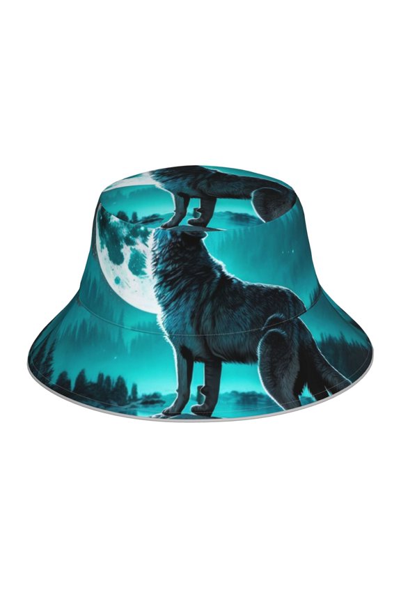 Reflective Bucket Hat Sun Hats Outdoor Travel Beach Packable Cap , Wolf Howling River Night Moon Cool