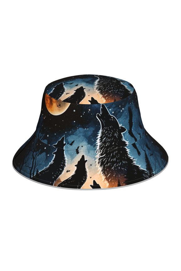 Reflective Bucket Hat Sun Hats Outdoor Travel Beach Packable Cap , Wolf Howling Wolves Moon Night Stars