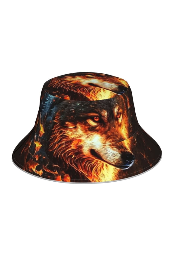 Reflective Bucket Hat Sun Hats Outdoor Travel Beach Packable Cap , Wolf On Fire Burning Cool Flaming