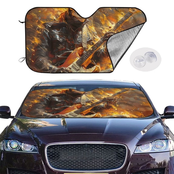 Reflective Car Windshield Sunshade, Heat Protector Accordion Sun Visor with Suction Cups for Cars, SUVs, Trucks, Heavy Metal Rock Music Fire Skull Flame