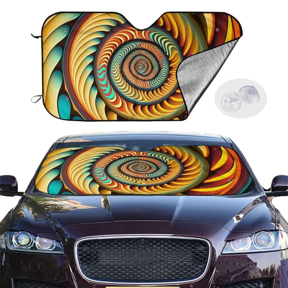Reflective Car Windshield Sunshade, Heat Protector Accordion Sun Visor with Suction Cups for Cars, SUVs, Trucks, Spiral Trippy Illusion Optical Psychedelic